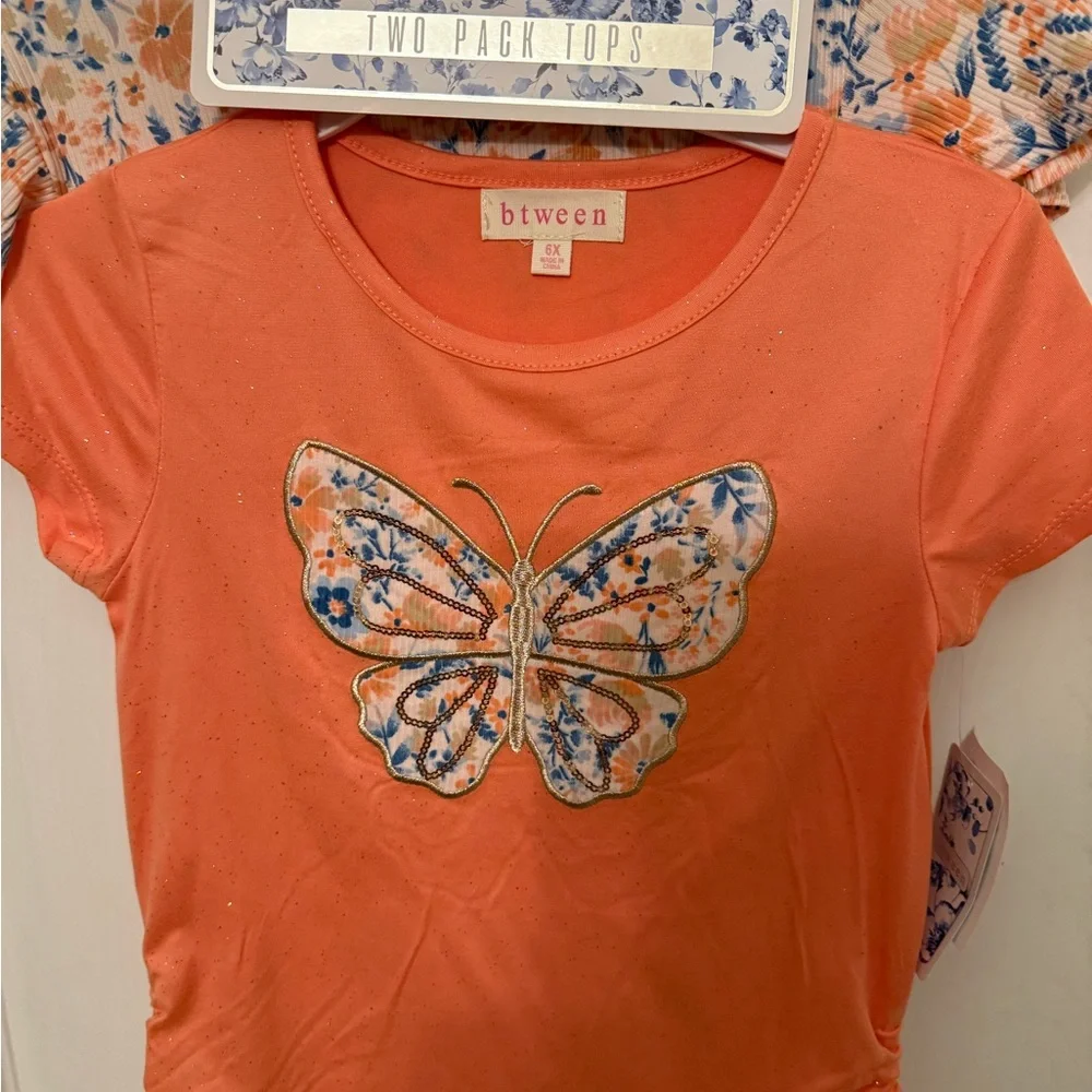 Two piece girl top with butterfly with  gather on the side